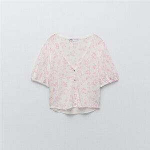 Zara Pink and White Floral Button-Up Blouse – Puff Sleeve, Feminine & Chic